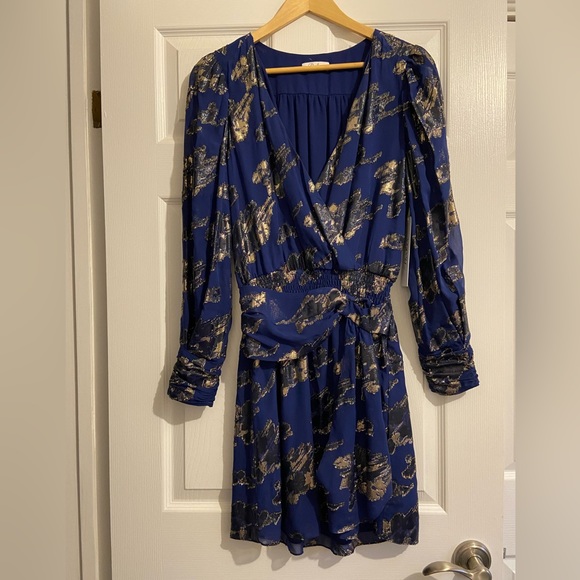 NWT Parker faux wrap mini dress in midnight blue with gold appliqués. - Picture 1 of 7